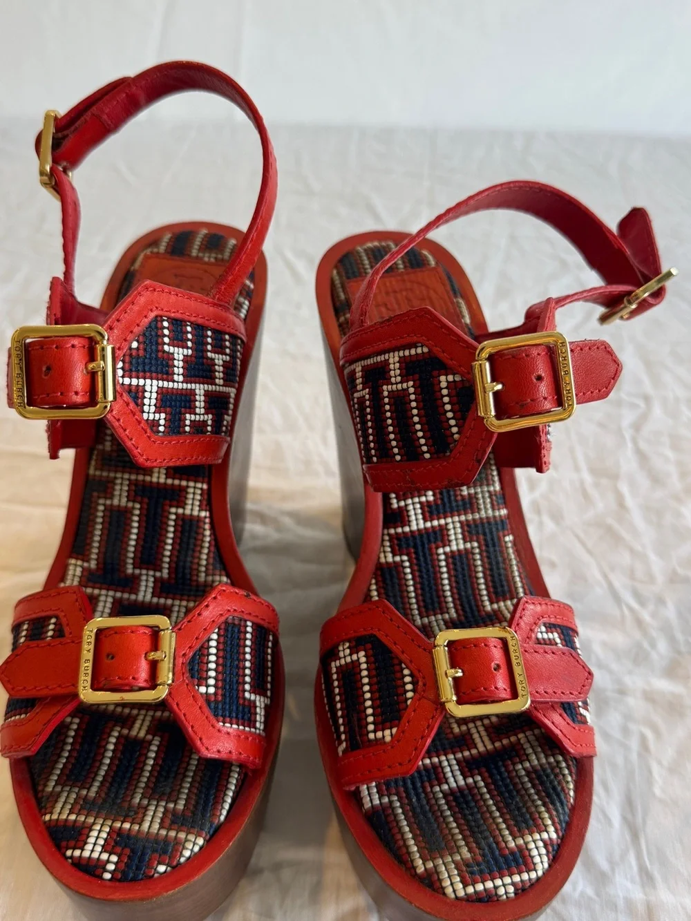 Tory Burch Red High Wedge Beaded Sandals with Gold Buckles